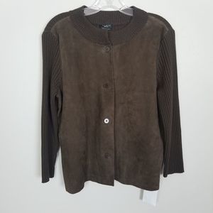 Talbots Suede Leather Front Cable Knit Button Down Sweater Top M